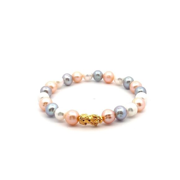 RAFANTHIA Jewelry - 18K Gold Pixiu Piyao Bracelet Natural Gemstones Freshwater Pearl Multicolor 6.5m
